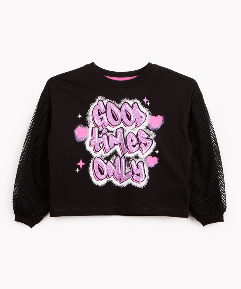 blusa infantil good times only manga longa com tela preta