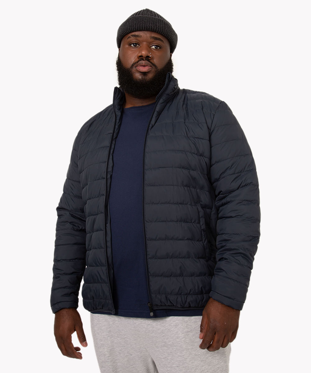 jaqueta puffer plus size básica gola alta azul marinho