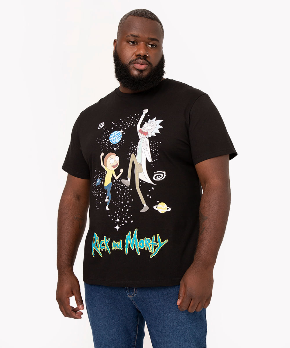 camiseta de algodão plus size rick and morty manga curta preto