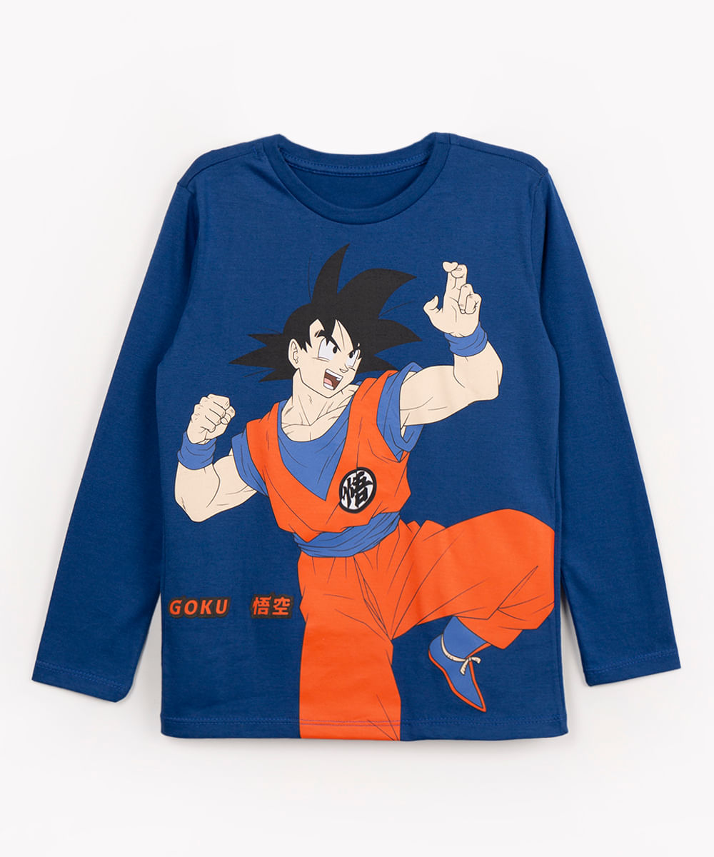 camiseta de algodão infantil dragon ball manga longa azul