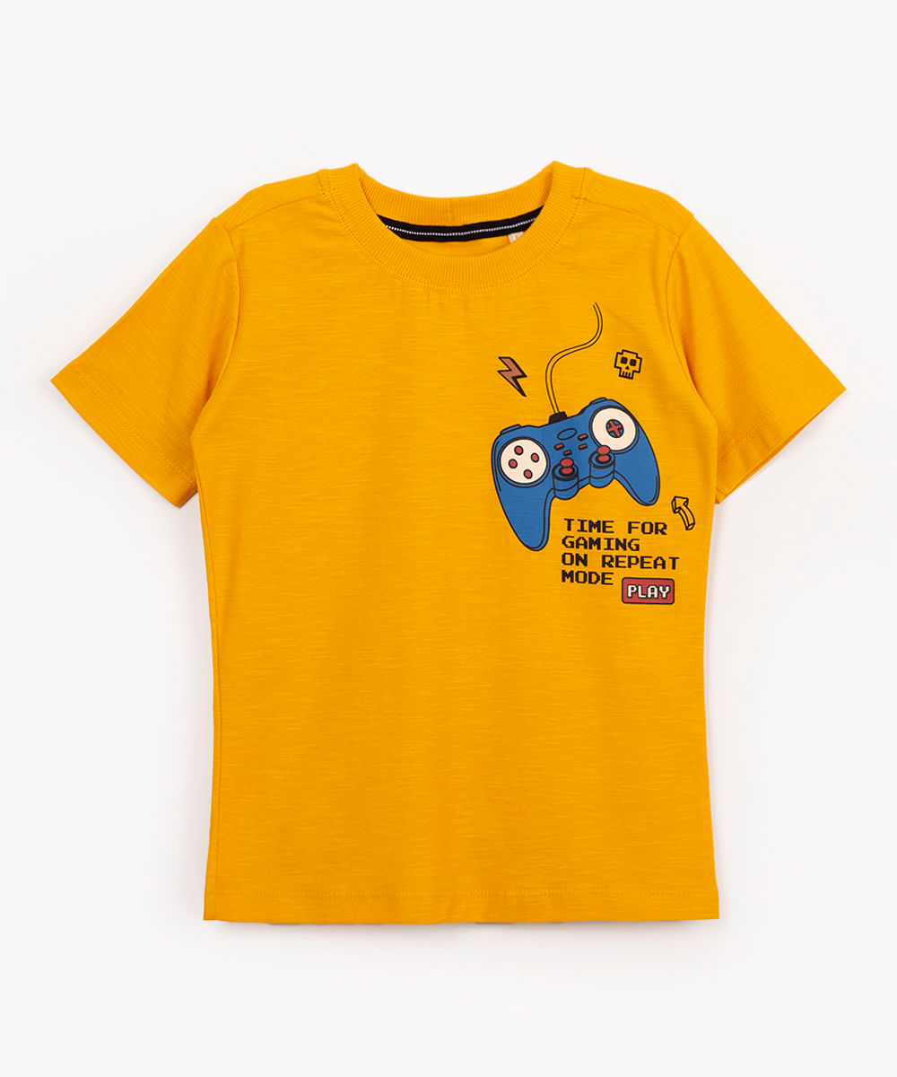 camiseta de algodão infantil game manga curta mostarda