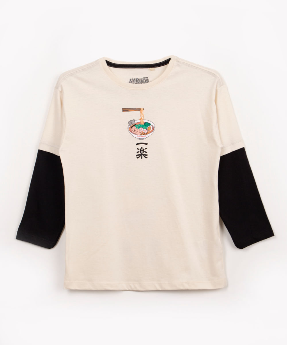 camiseta de algodão infantil naruto manga longa bege