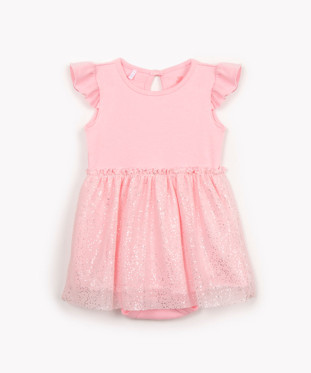 body infantil com saia de tule brilho rosa