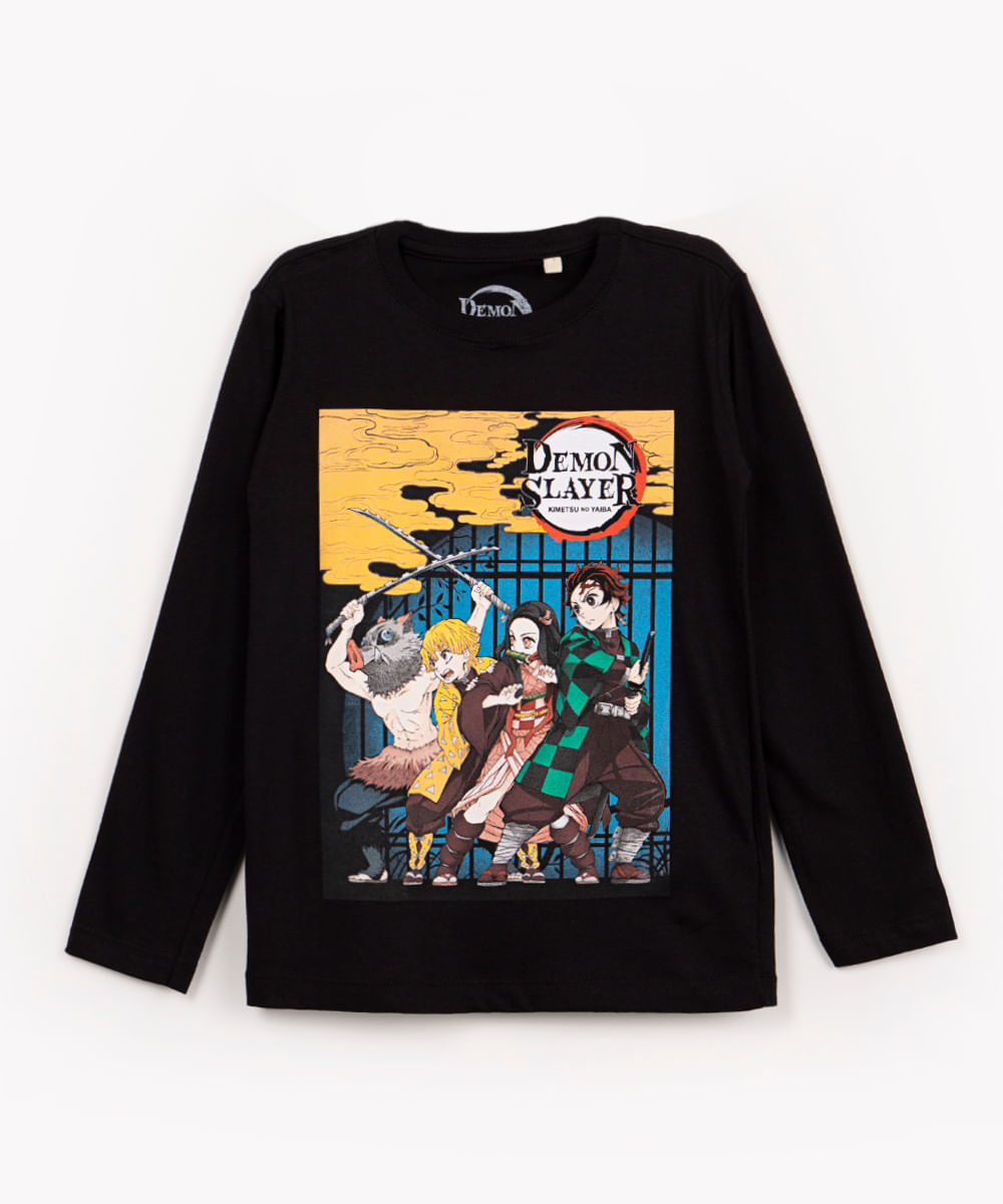 camiseta de algodão infantil demon slayer manga longa preto