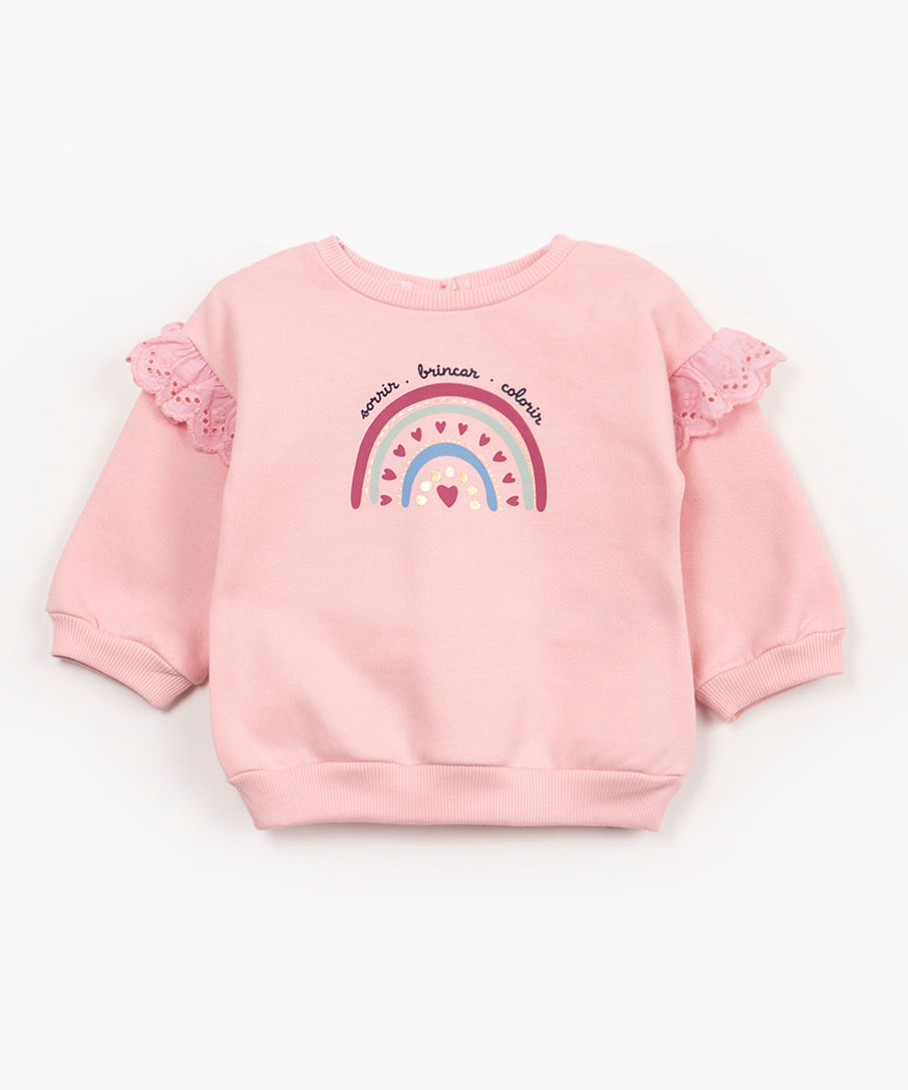 moletom infantil renda manga longa rosa