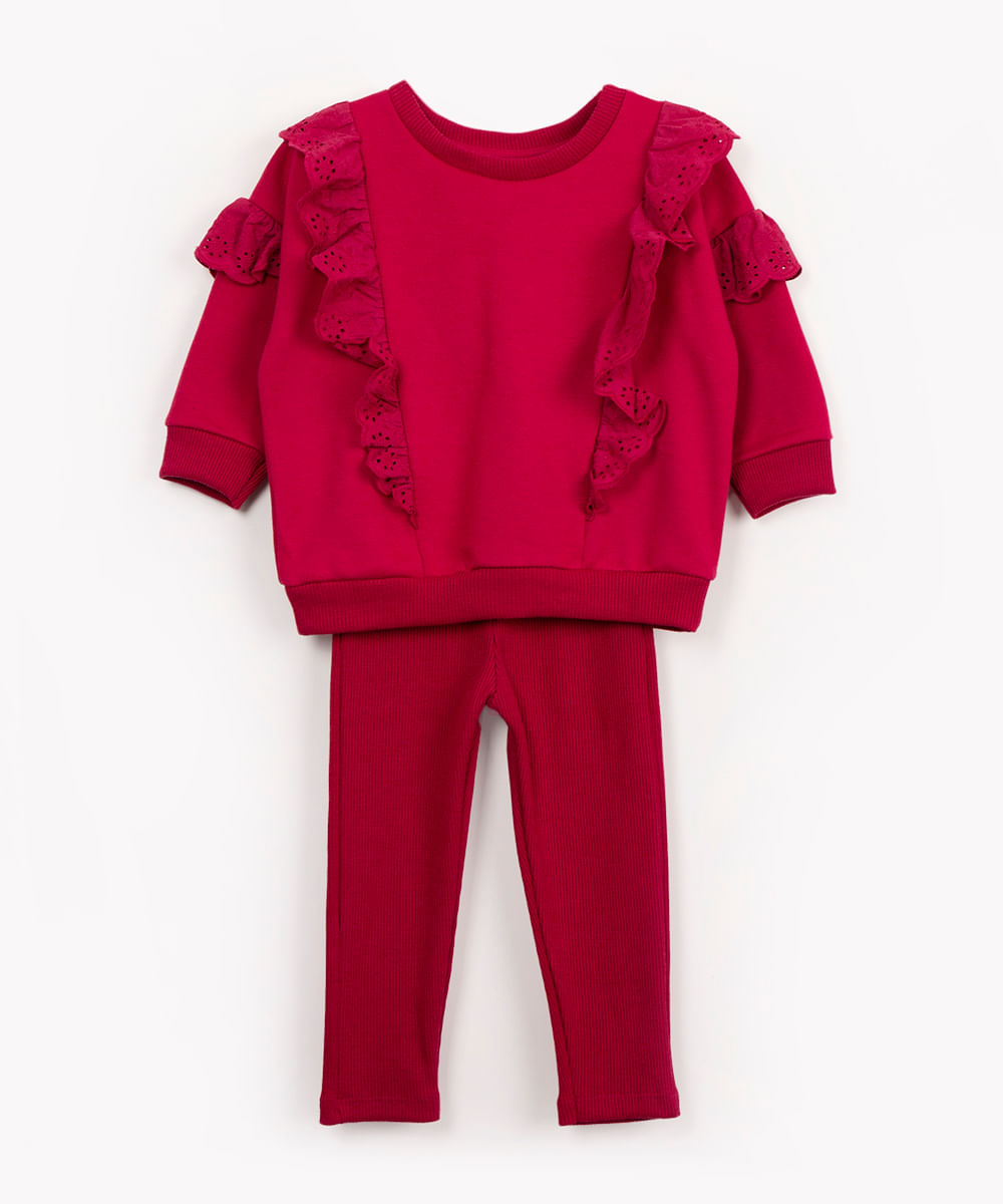 conjunto infantil babados manga longa rosa escuro