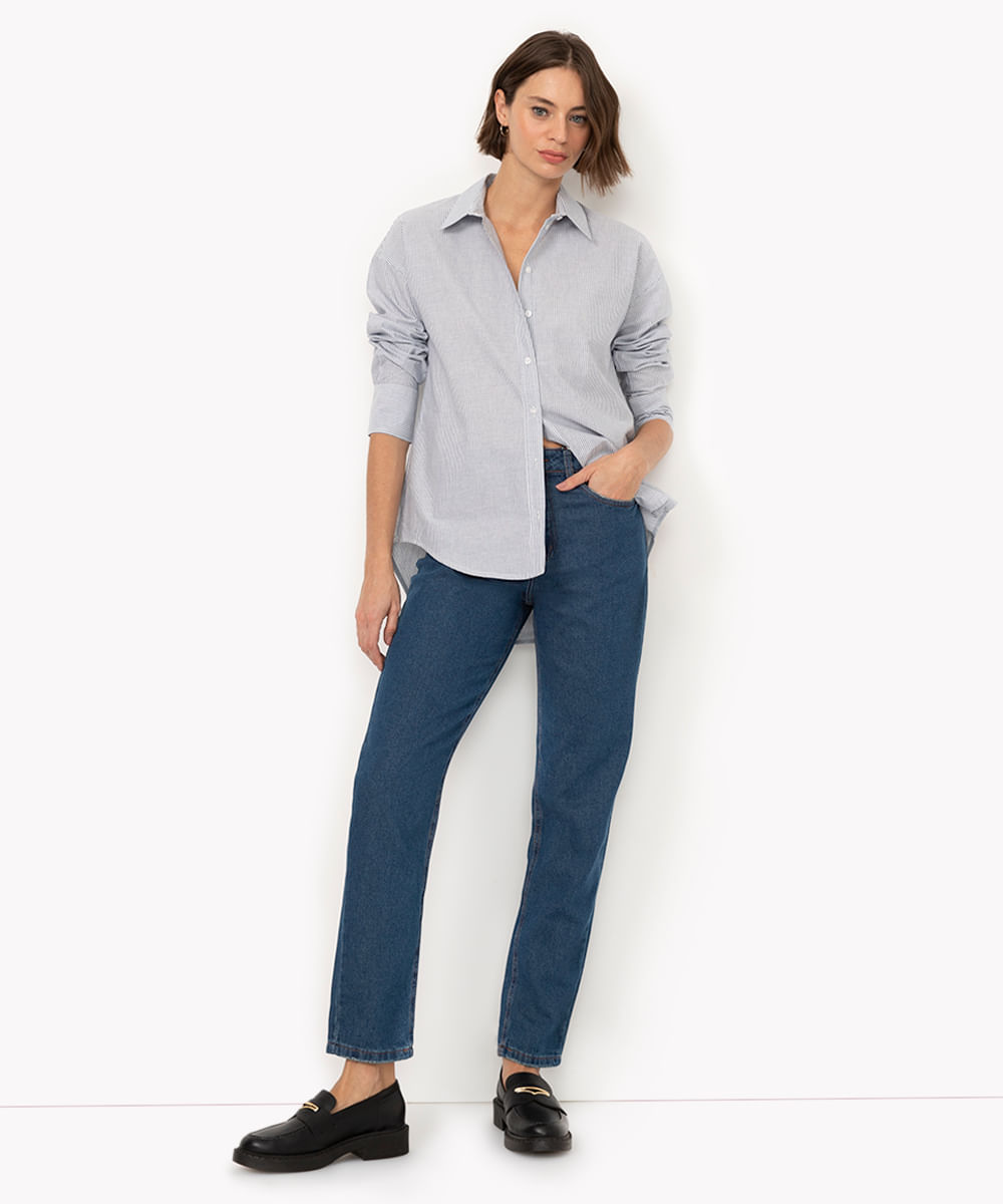 Calça Jeans Feminina Mom Cintura Super Alta Azul Escuro