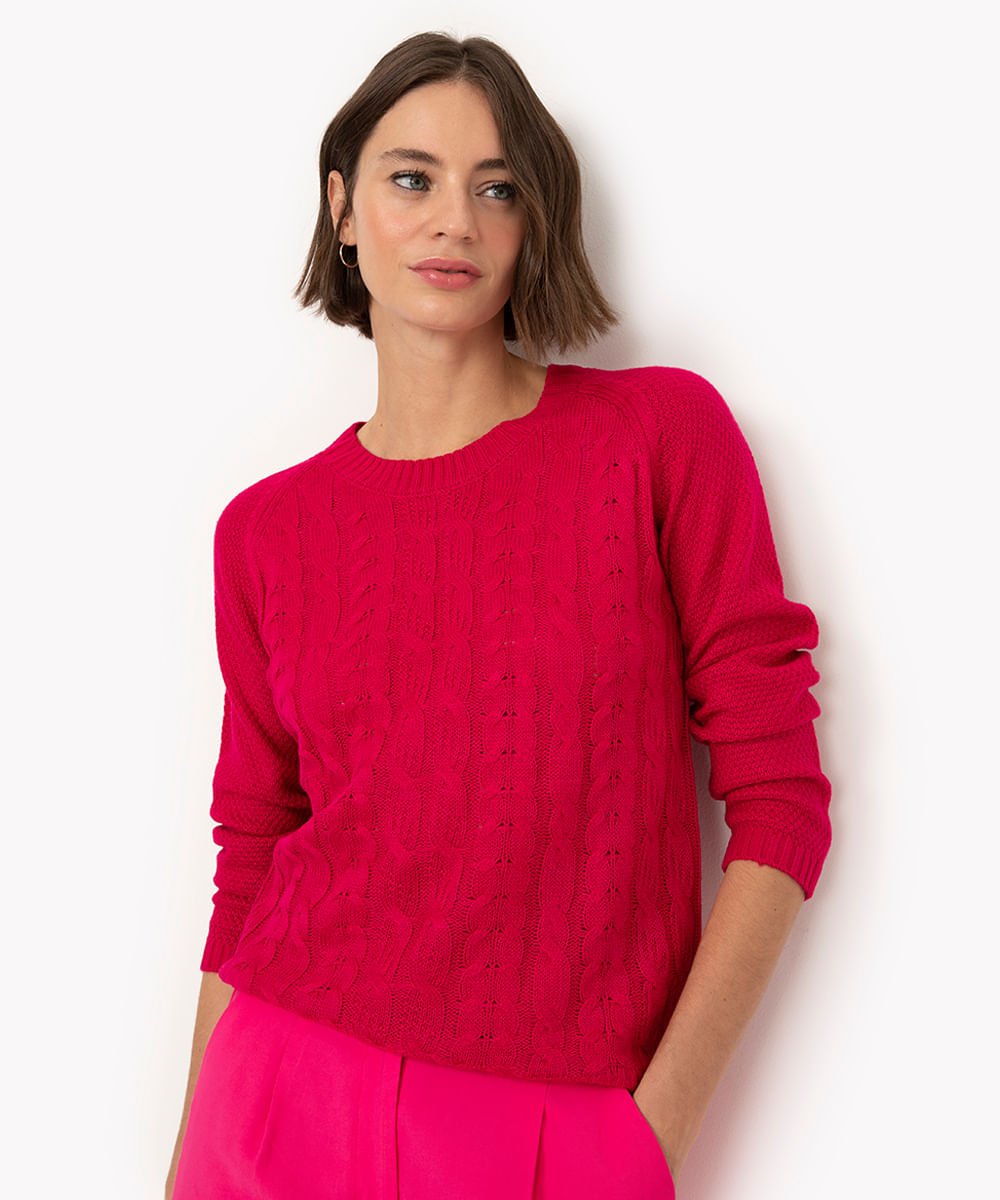 suéter de tricot texturizado manga longa rosa