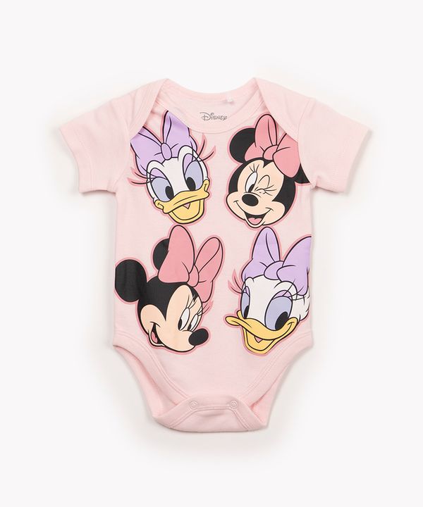 body de algodão infantil minnie e margarida manga curta rosa 3-6