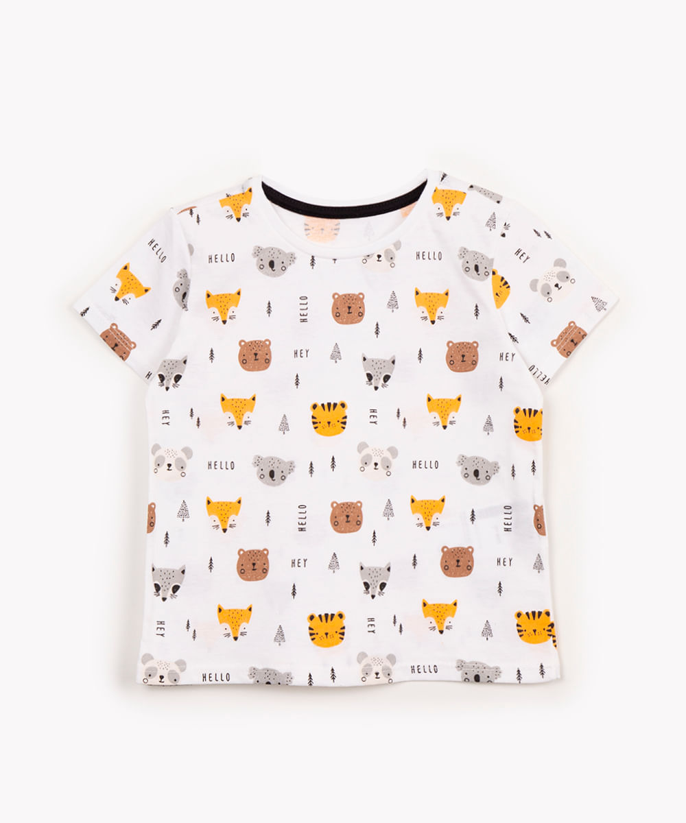 camiseta de algodão infantil animais manga curta off white