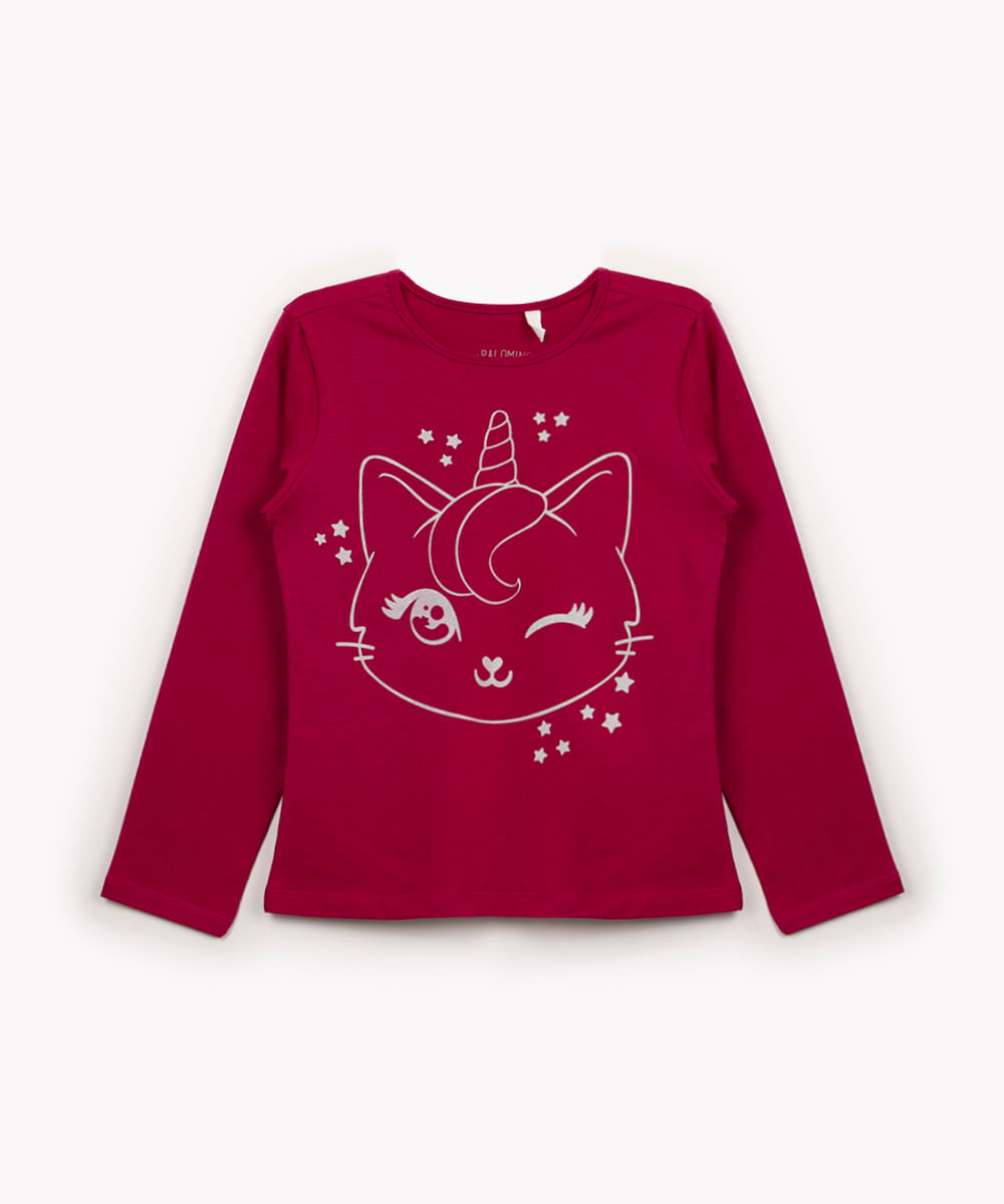 blusa de algodão infantil unicórnio com brilho manga longa rosa