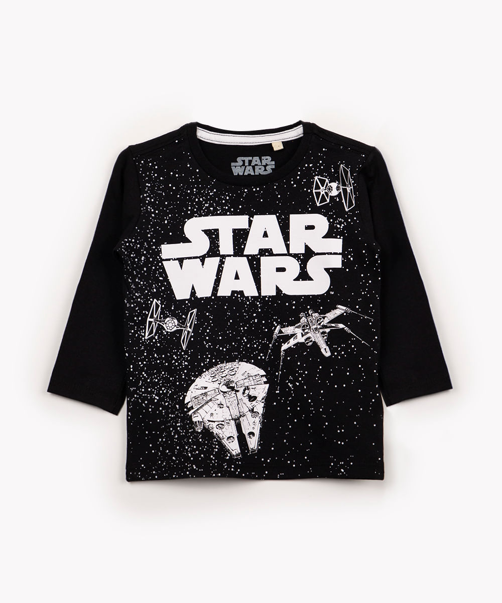 camiseta de algodão infantil star wars manga longa preta