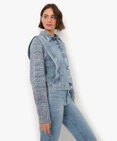 jaqueta jeans manga longa de tricot fandom azul claro