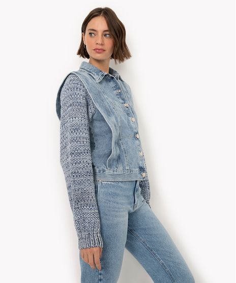 jaqueta jeans manga longa de tricot fandom azul claro