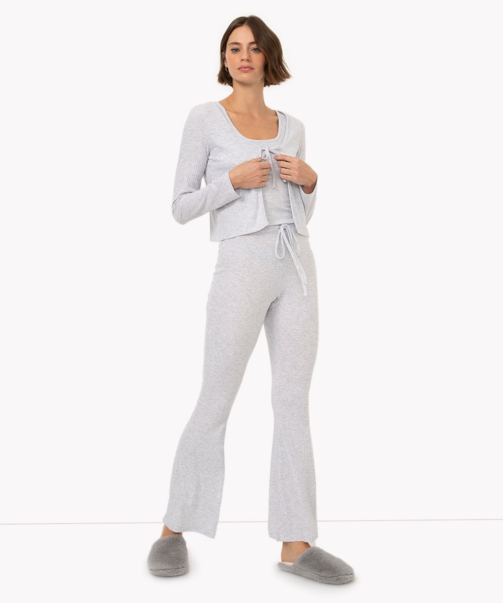 pijama longo canelado com casaco cinza claro