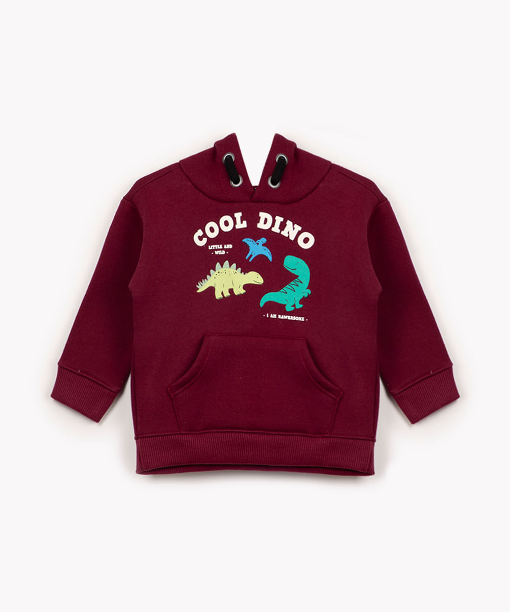 blusa de moletom infantil dinossauro com capuz vinho