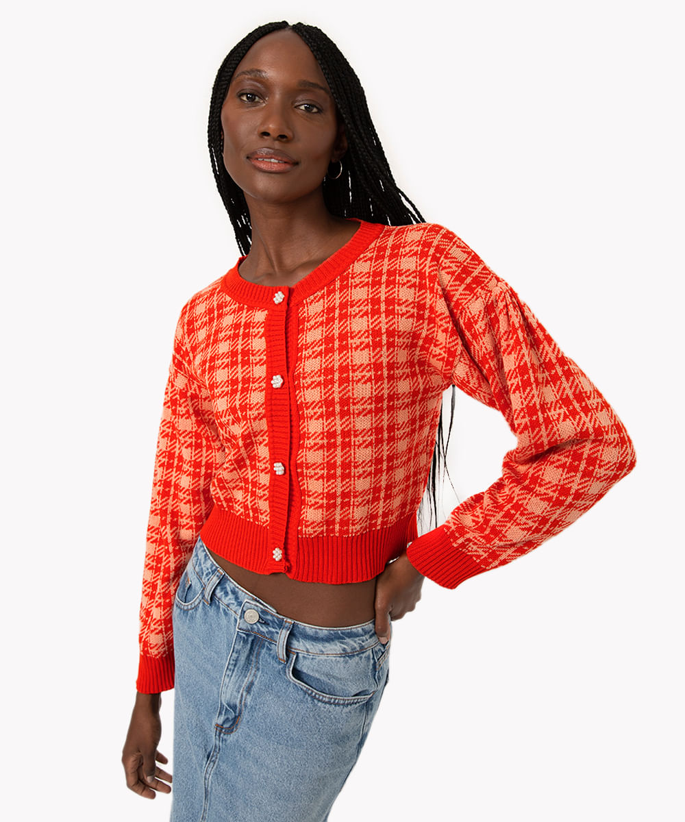 cardigan de tricô xadrez laranja