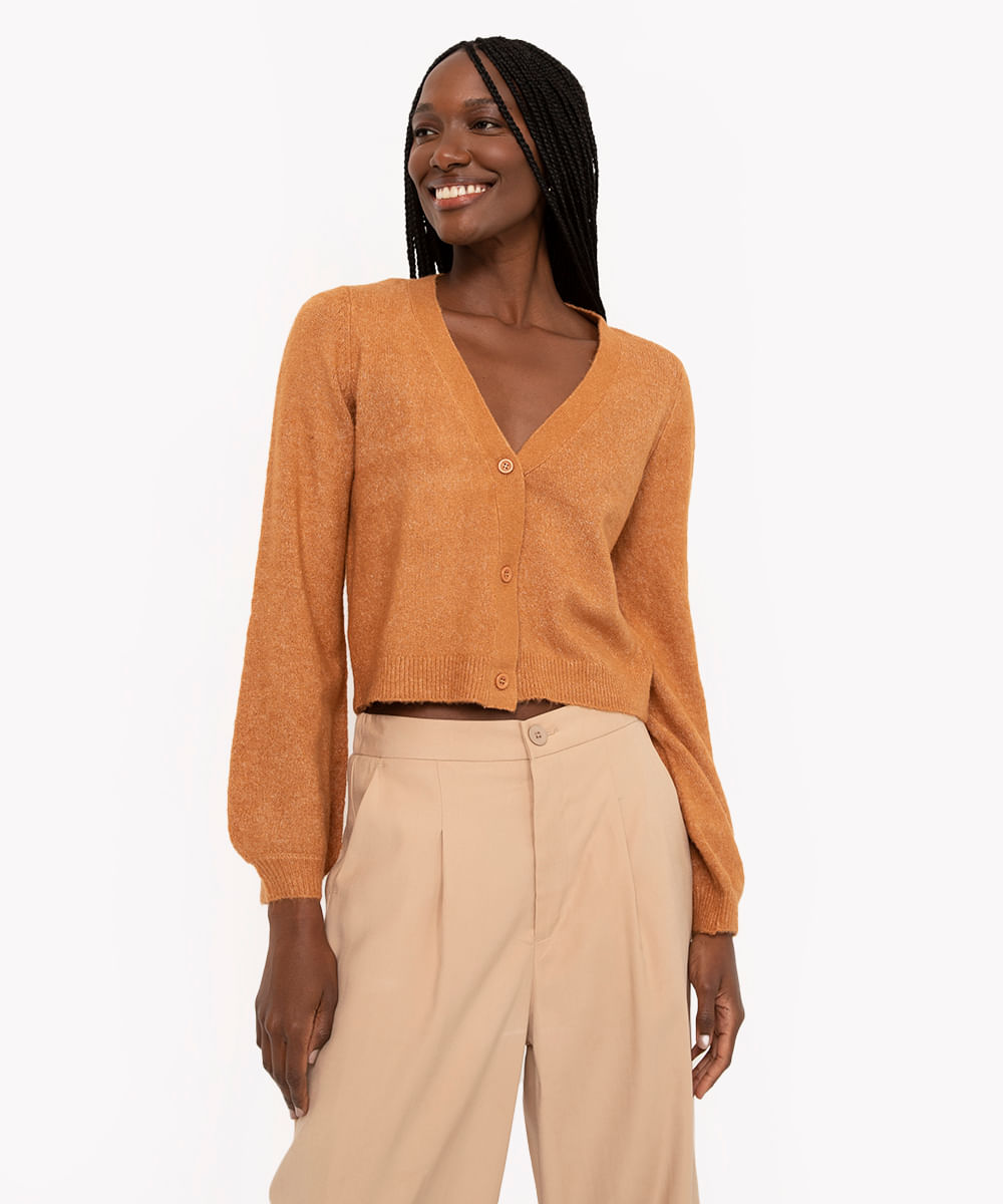 cardigan cropped de tricô com manga bufante caramelo