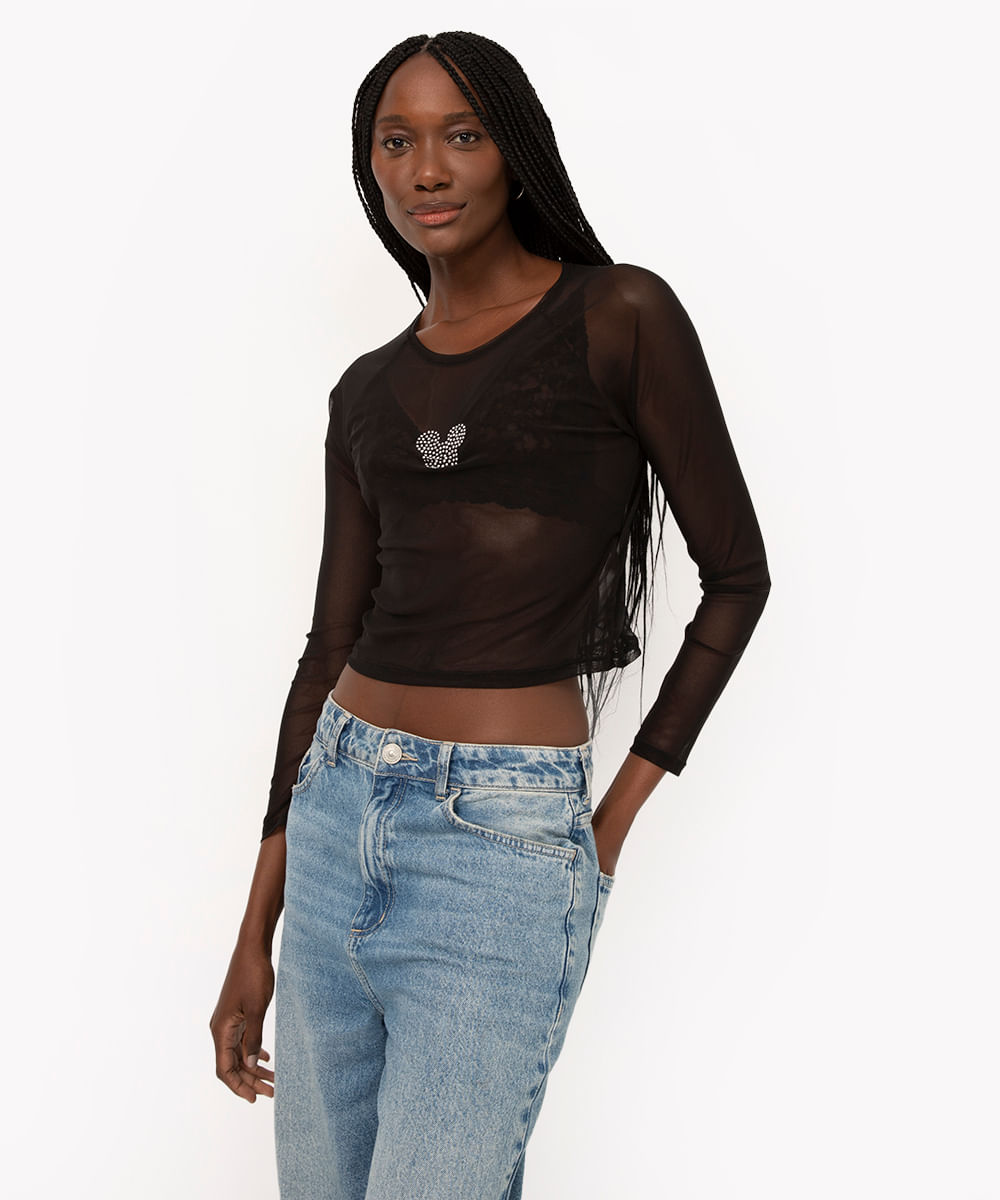 cropped de tule mickey manga longa preto