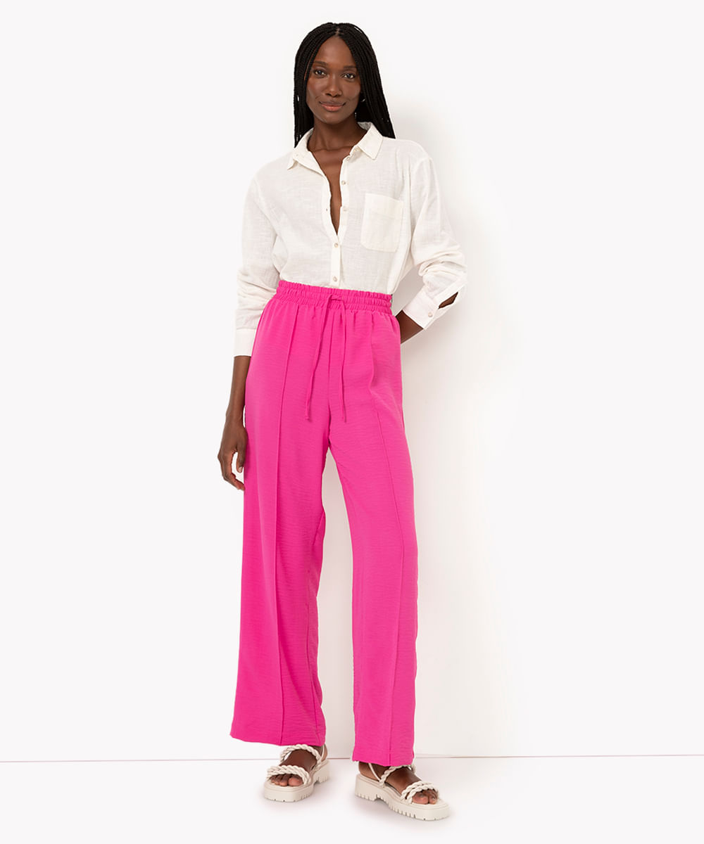 calça reta pantalona cós elástico pink