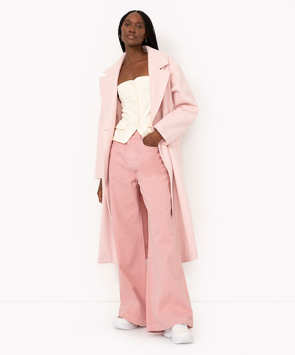 calça de sarja wide leg recortes cintura super alta rosa