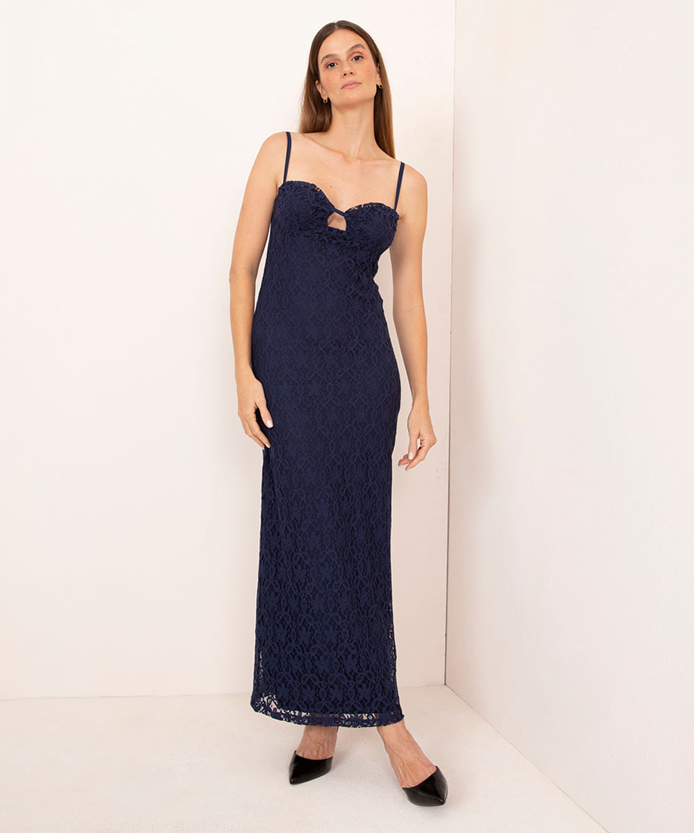 vestido longo de renda alça fina mindset azul marinho