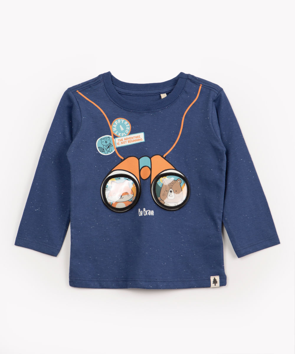 camiseta de algodão infantil binóculos interativos manga longa azul