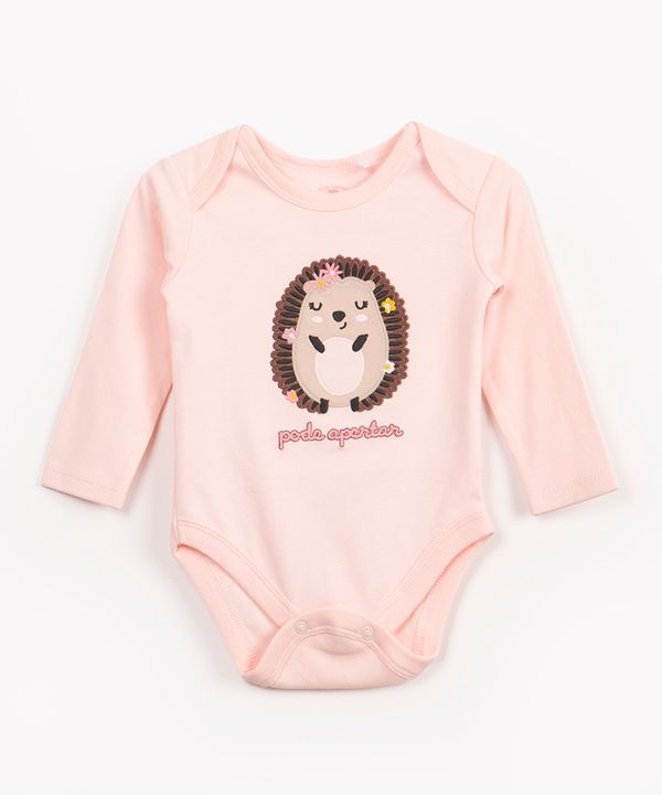 body infantil de algodão manga longa porco espinho rosa 9-12