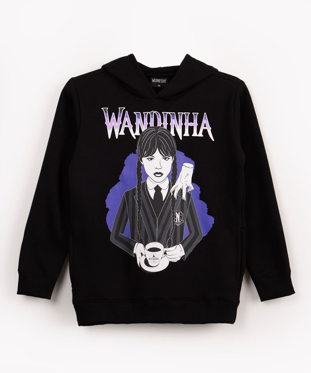 blusa de moletom juvenil wandinha com capuz preto