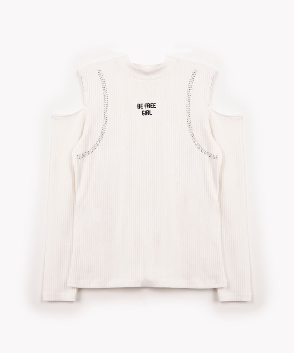 blusa de viscose juvenil com strass manga longa off white