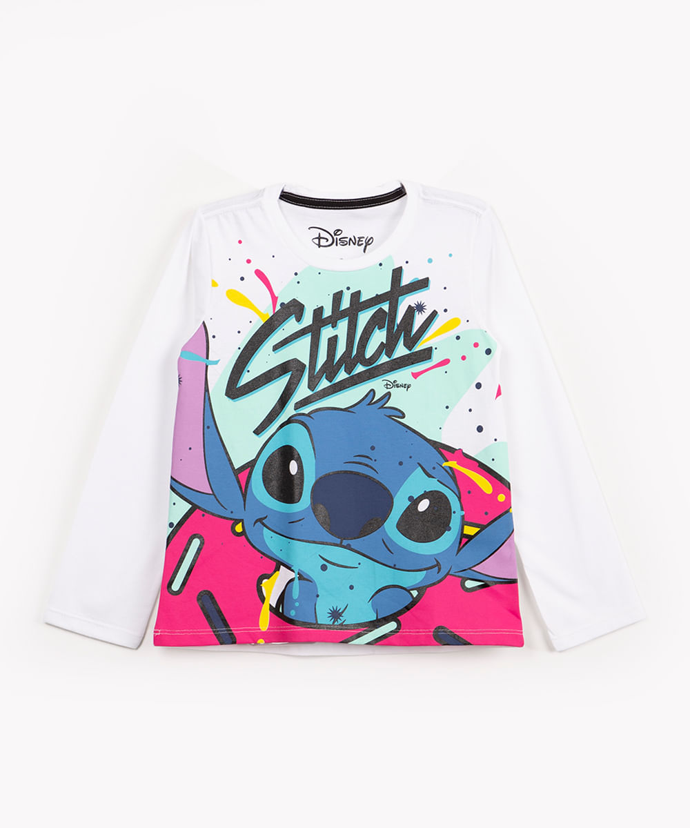 camiseta de algodão infantil stitch manga longa off white