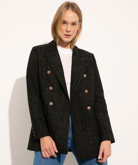 blazer alongado de tweed com brilho mindset preto PP