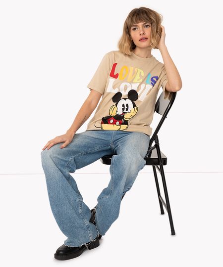 camiseta de algodão mickey manga curta bege PP