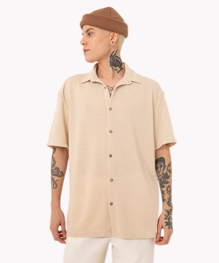 camisa de algodão texturizada manga curta bege claro PP