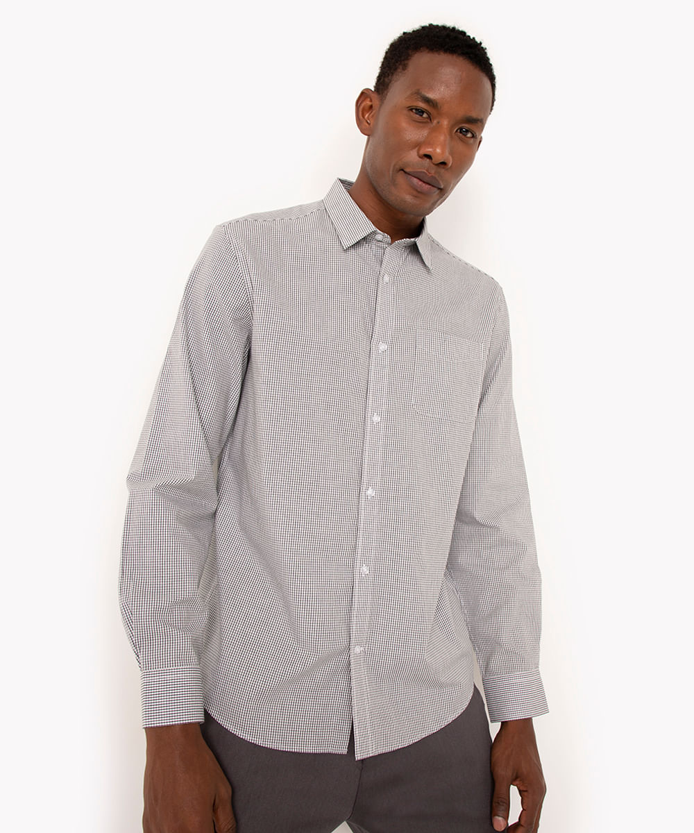 camisa de algodão comfort xadrez manga longa preta