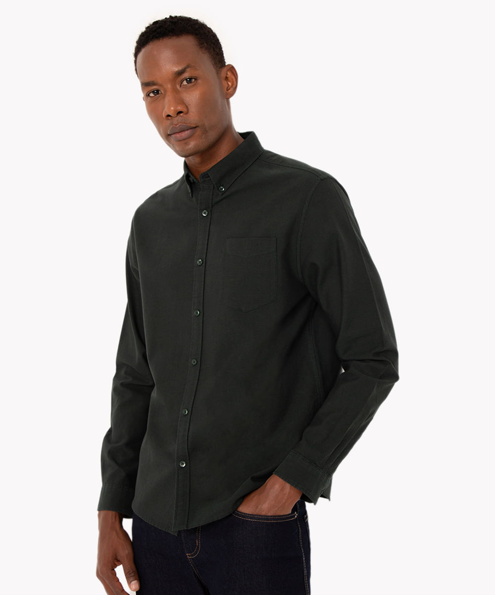 camisa comfort oxford manga longa - verde escuro