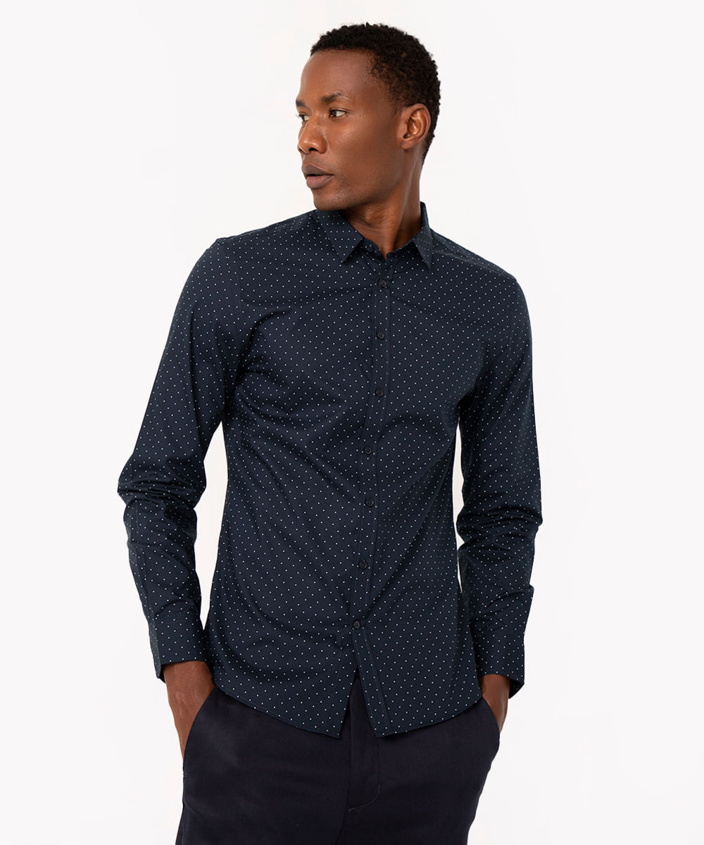 camisa de algodão slim poá manga longa azul marinho
