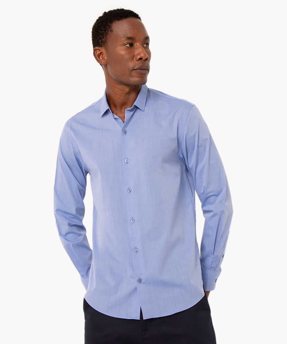 camisa de algodão comfort manga longa azul claro