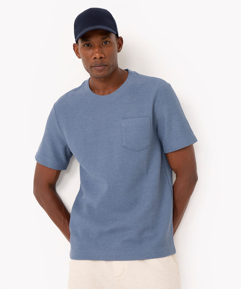 camiseta de algodão texturizada com bolso manga curta azul