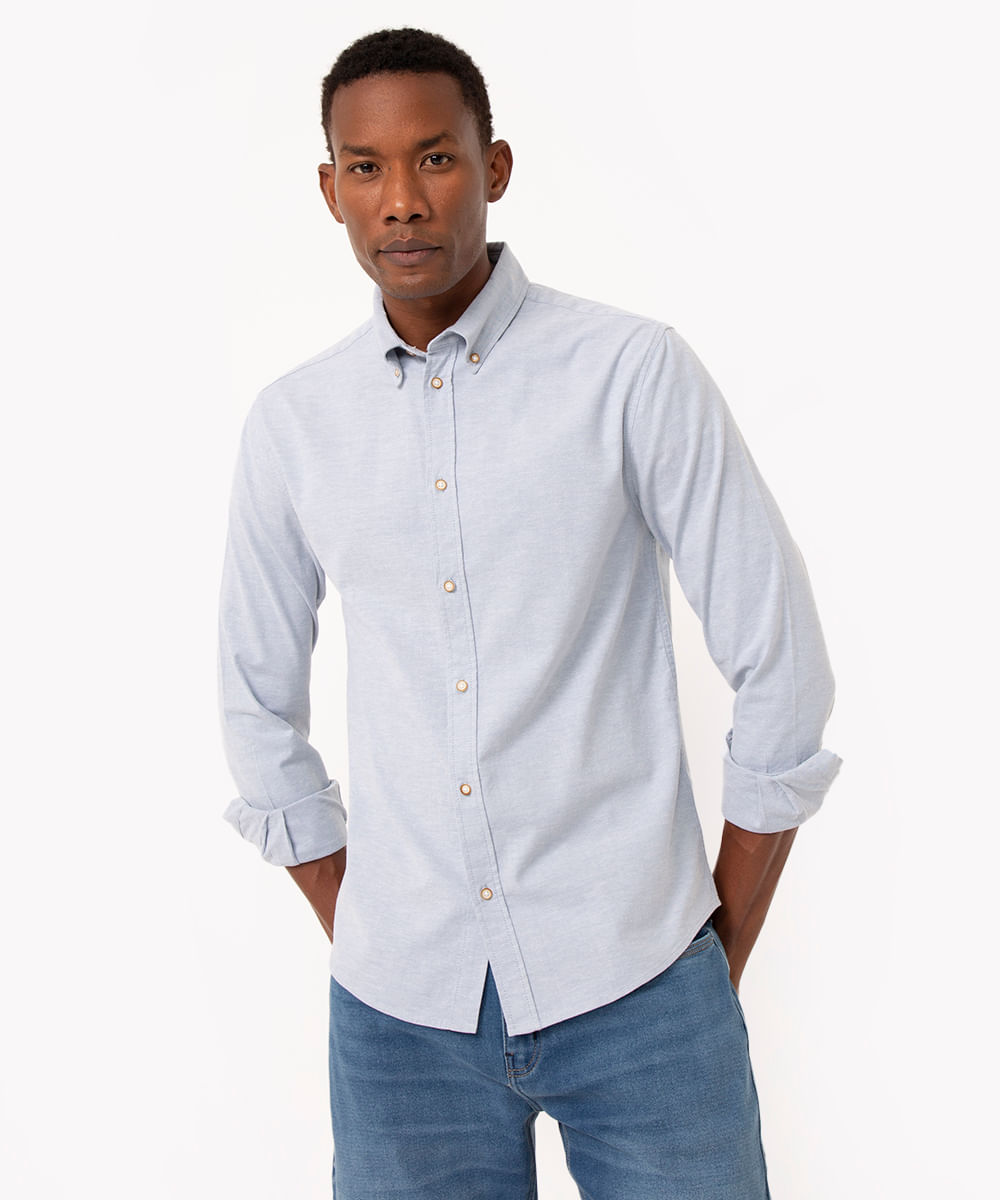 camisa de algodão comfort manga longa azul médio