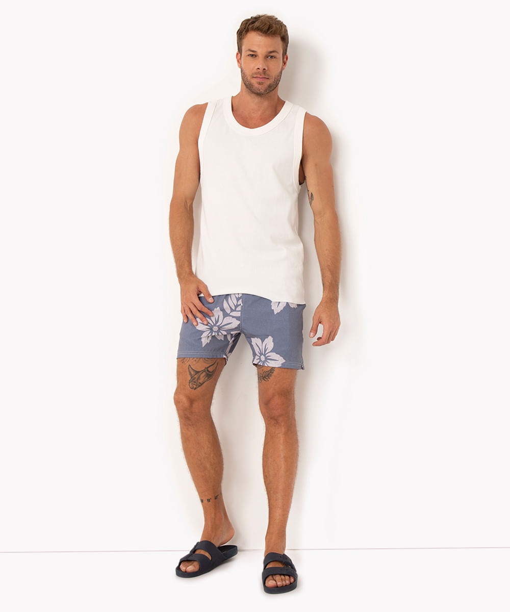 short surf floral com bolsos e cordão azul