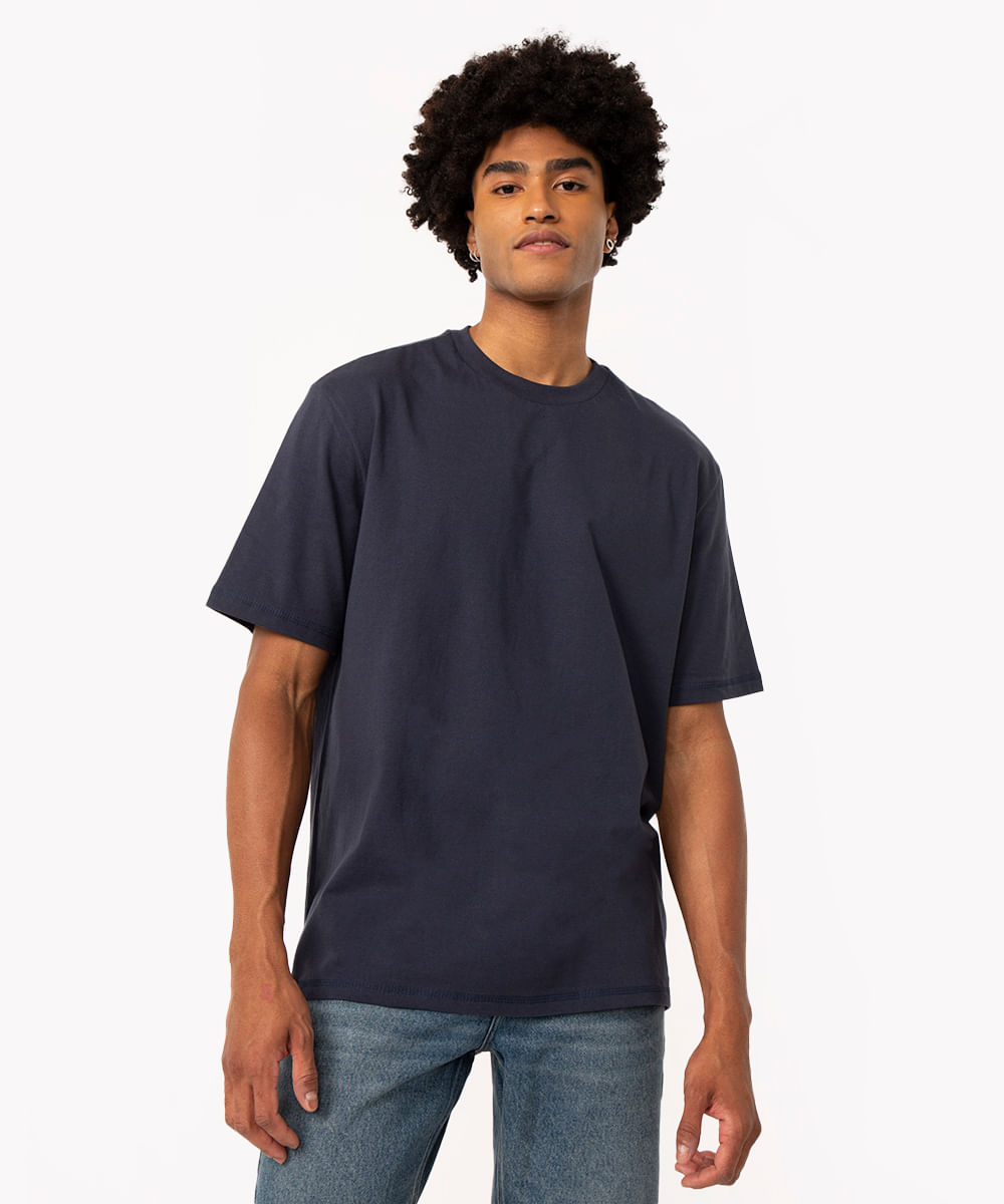 camiseta oversized de algodão manga curta azul marinho