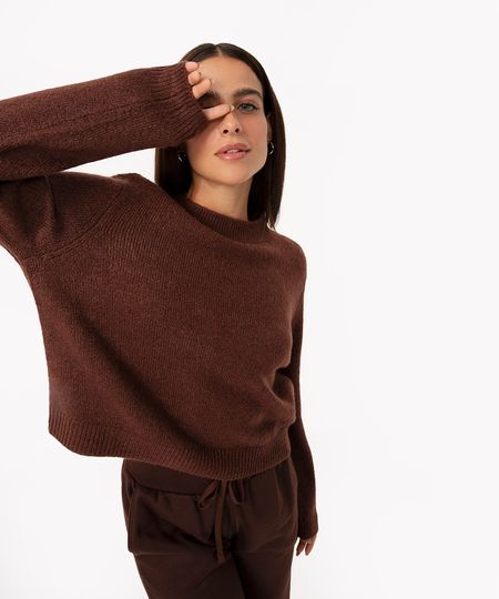 suéter básico cropped de tricô marrom escuro PP suéter básico cropped de tricô marrom escuro PP