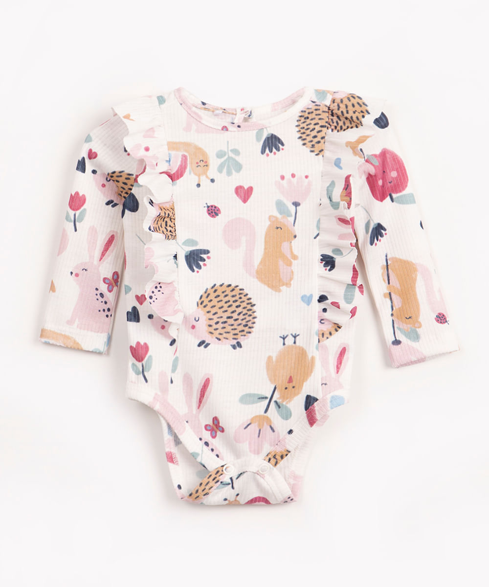 body infantil animais manga longa off white