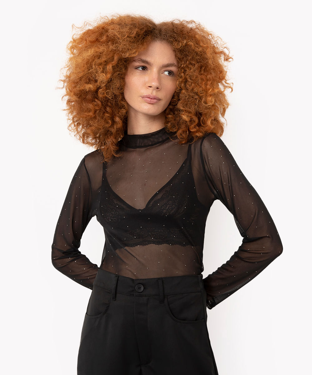 blusa de tule com strass gola alta manga longa preta