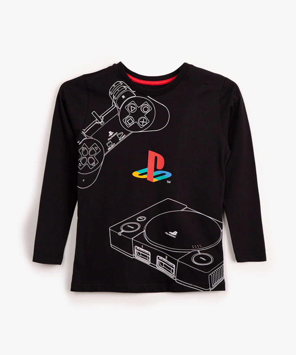 camiseta de algodão infantil playstation manga longa preta