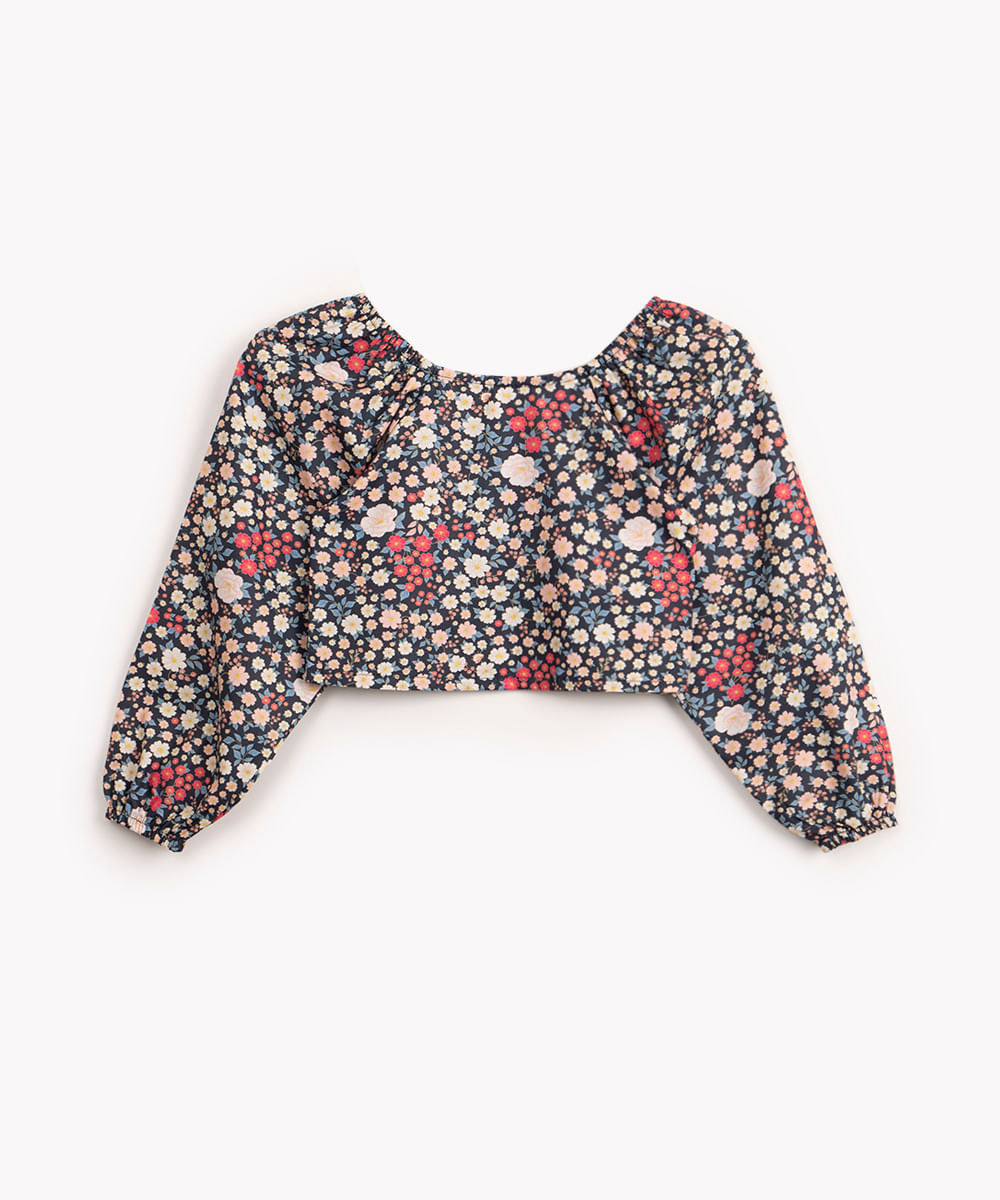 blusa de algodão floral com elástico manga longa azul marinho