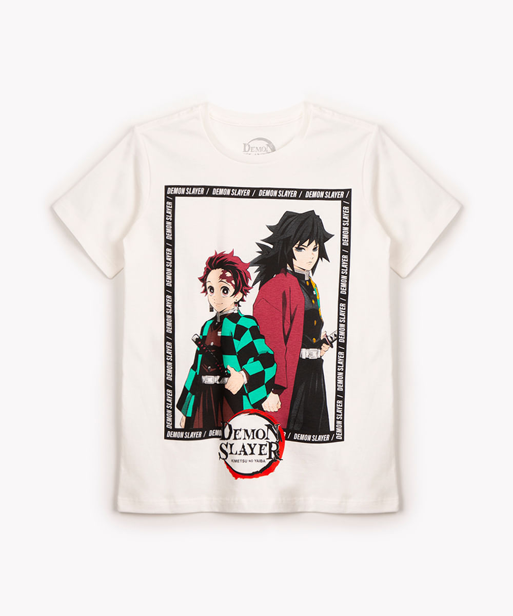 camiseta de algodão juvenil demon slayer manga curta off white