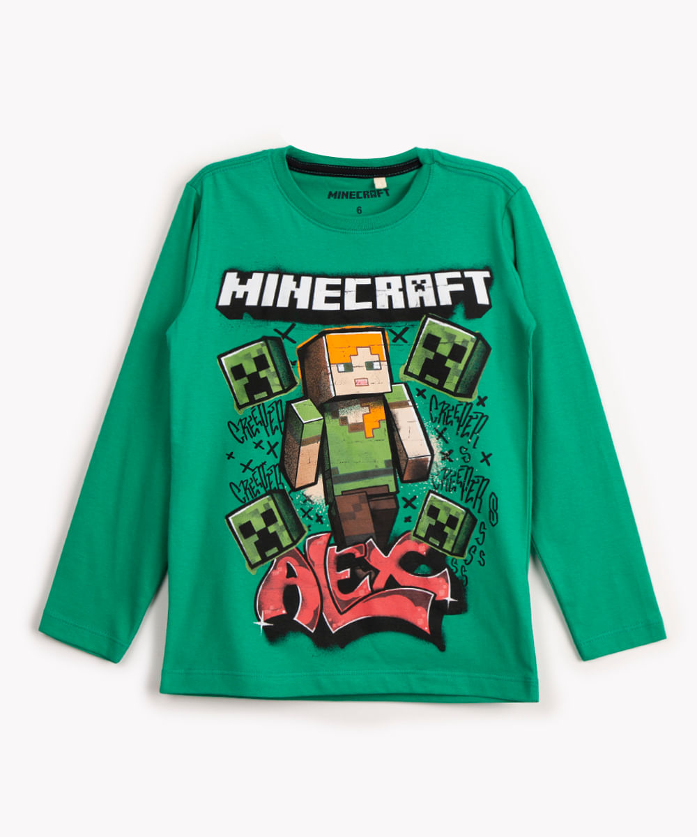 camiseta de algodão infantil minecraft manga longa verde