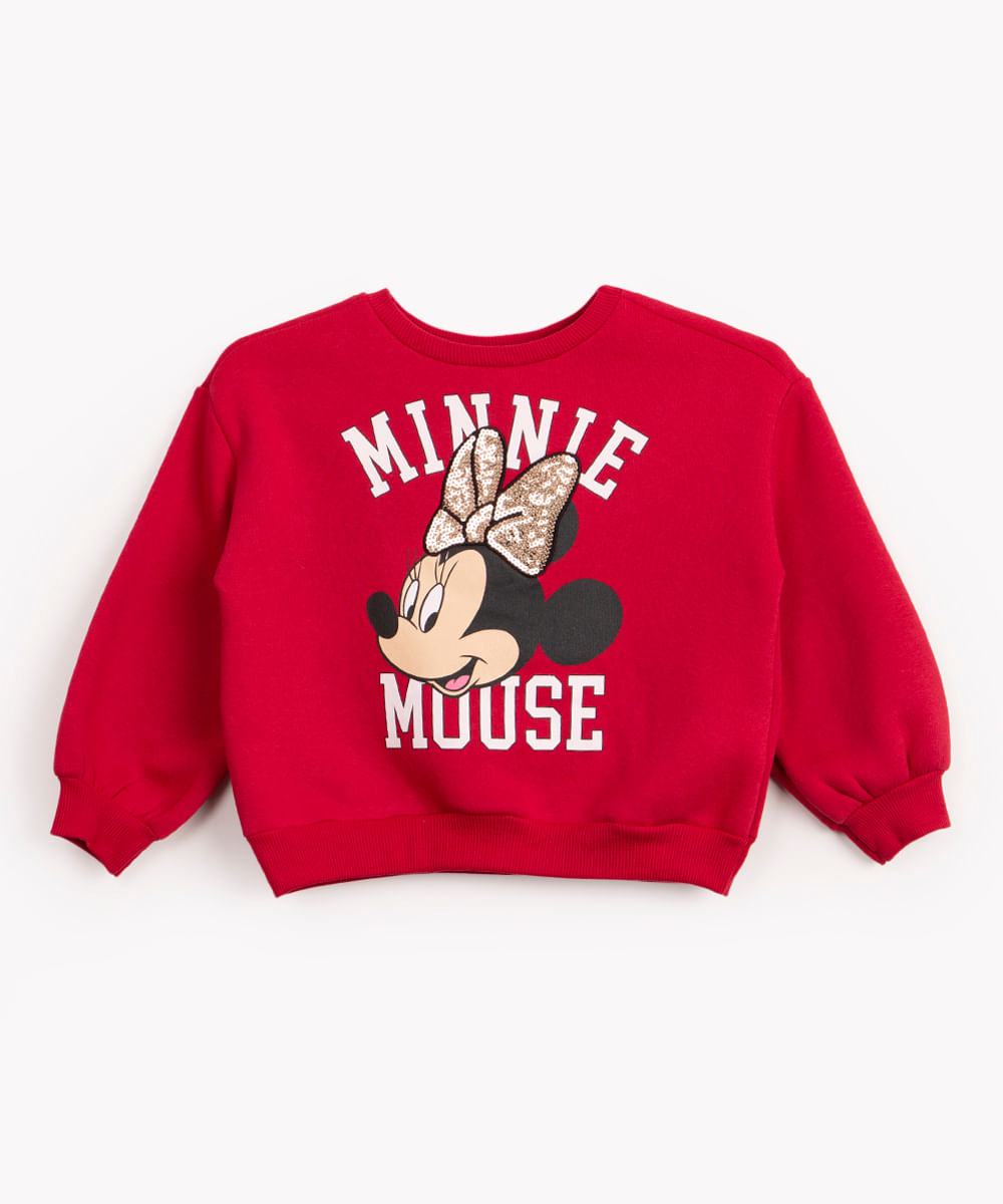 blusa de moletom infantil minnie com paetê vermelha